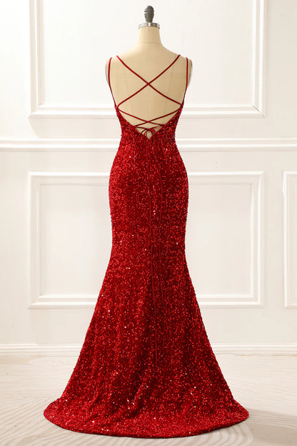 Mermaid Red Square Neck Sparkly Lace-Up Back Prom Dress with Fringes