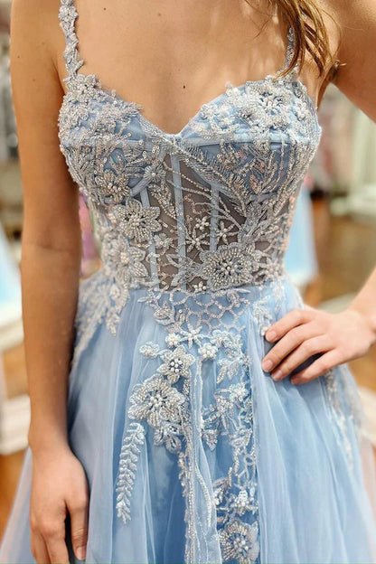 Cute A-Line Sweetheart Light Blue Spaghetti Strap Tulle Long Prom Dresses with Appliques