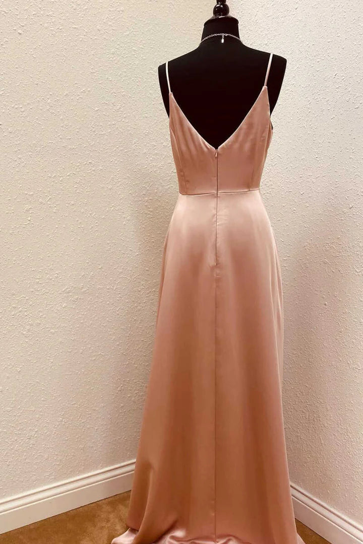 Champagne Satin Spaghetti Straps Backless Ruffled Bridesmaid Dress