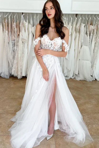 Charming A Line Off the Shoulder Tulle Mopping The Floor Wedding Dresses with Slit