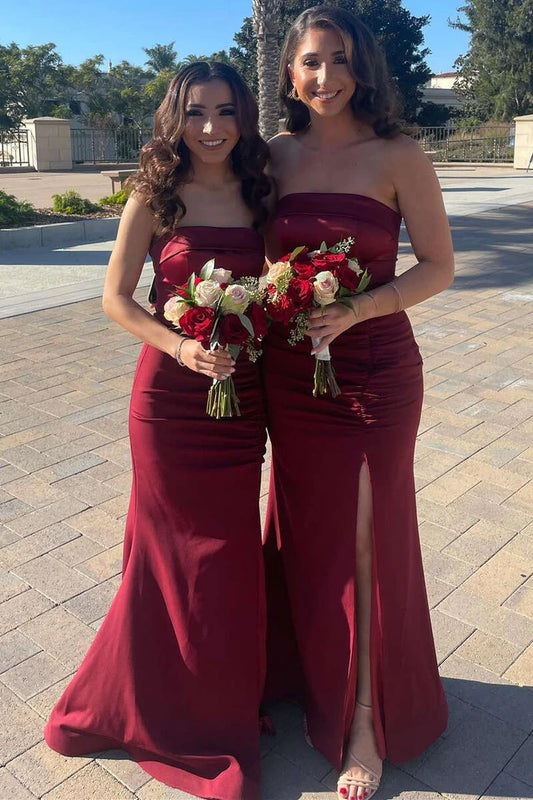 Burgundy Satin Strapless Off-the-Shoulder Long Bridesmaid Dress with Slit