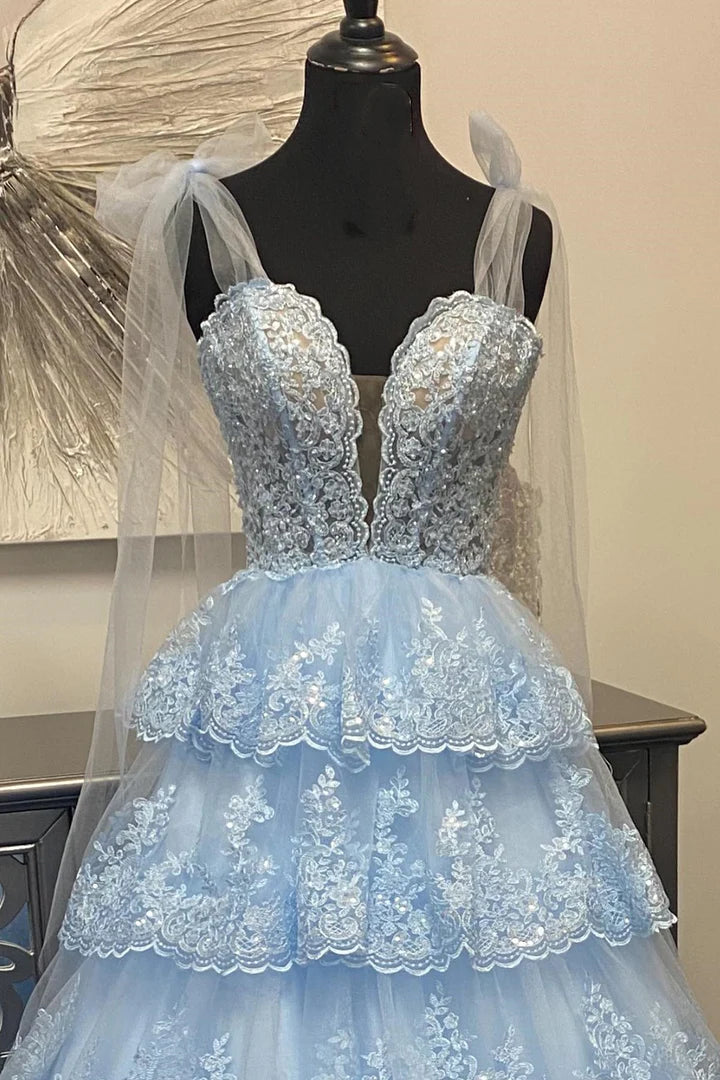 Tulle Appliques Tying Strap Ruffle Tiered Long Prom Dress
