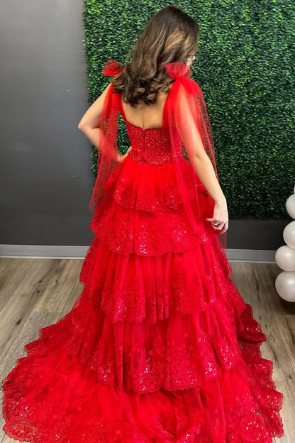 Tulle Appliques Tying Strap Ruffle Tiered Long Prom Dress
