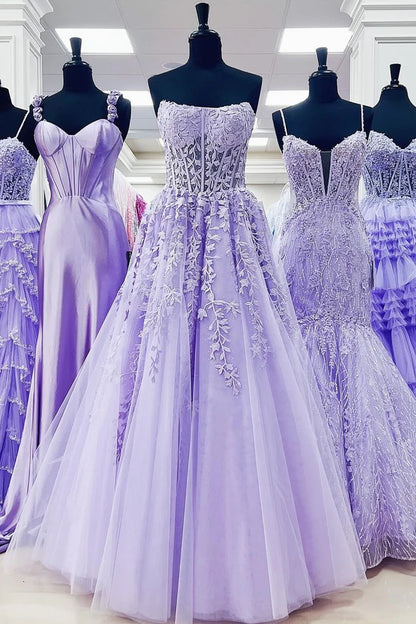Appliques Strapless A-Line Long Prom Dress