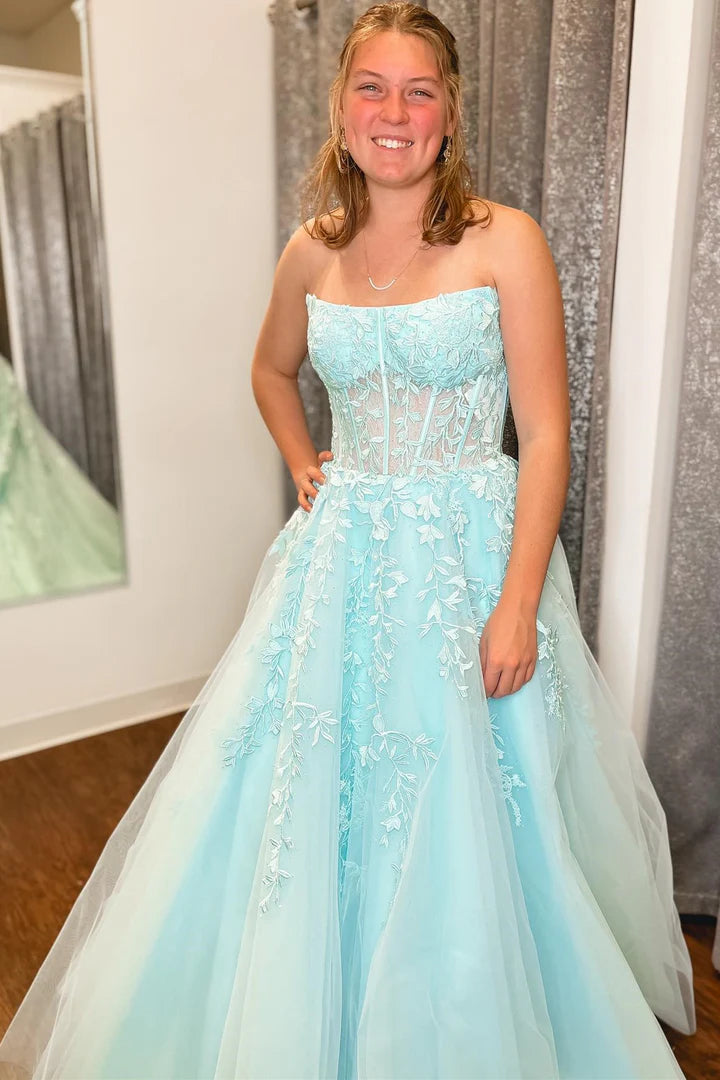 Appliques Strapless A-Line Long Prom Dress