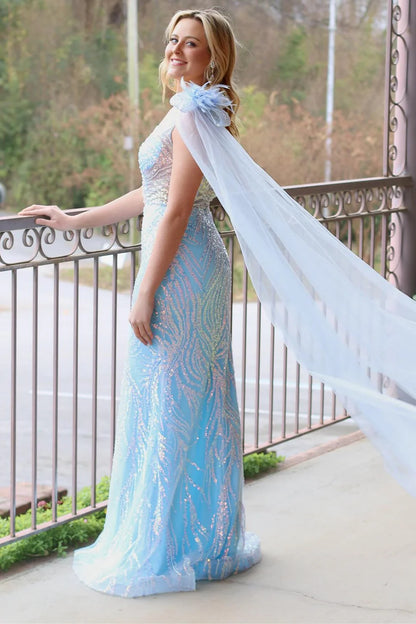 Mesh Sequin Lace One-Shoulder Long Formal Dress