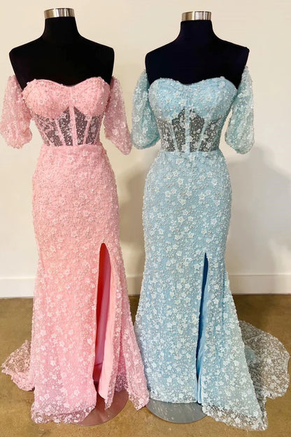 3D Floral Lace Sweetheart Mermaid Long Prom Dress with Slit
