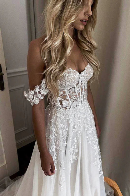 Charming A Line Off-the-Shoulder Sweetheart Sparkly Beading Lace Wedding Dresses with Slit