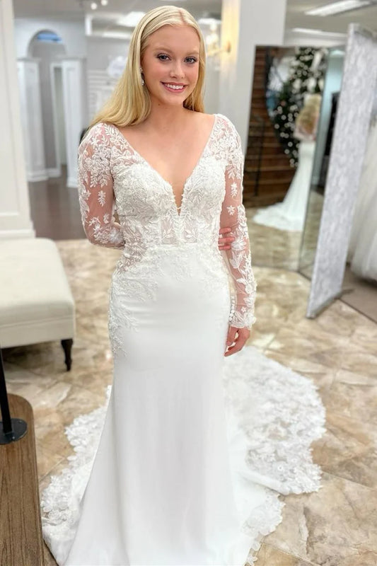White Appliques Plunge V Mermaid Back Buckle Mopping The Floor Bridal Gown with Long Sleeves
