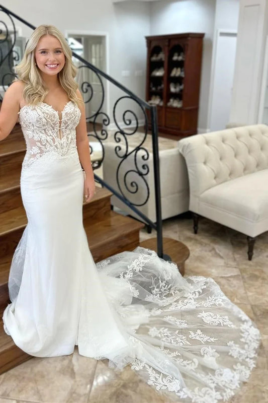 White Plunge V Strapless Off-the-Shoulder Back Buckle Appliques Trumpet Long Bridal Gown