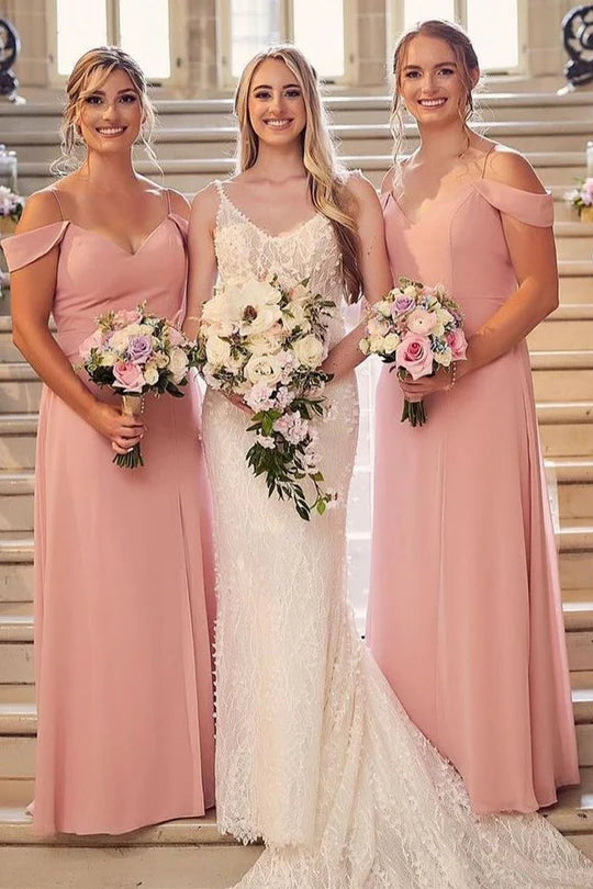 Off-the-Shoudler Straps Chiffon Long Bridesmaid Dress