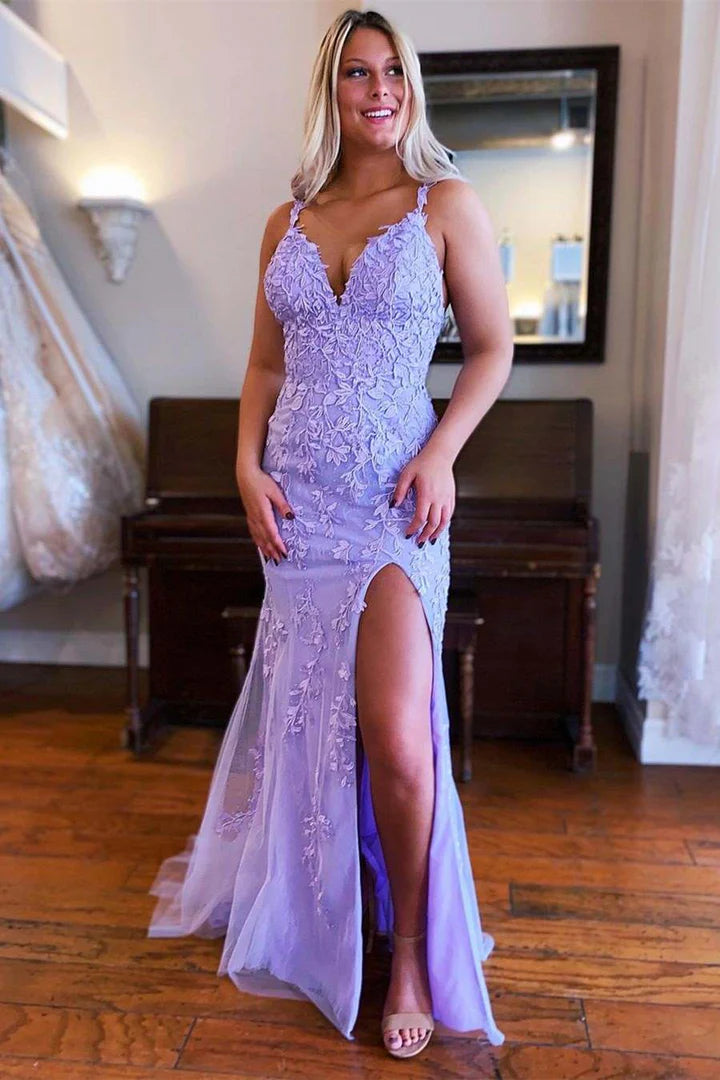 Mermaid Lace Appliques Prom Dress with Slit