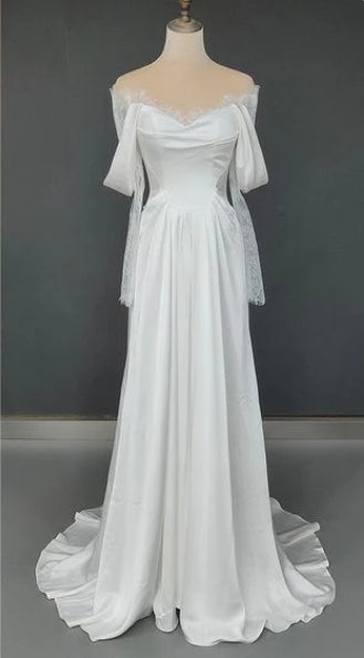 Ivory Lace Satin Wedding Dresses Off The Shoulder Bridal Dresses