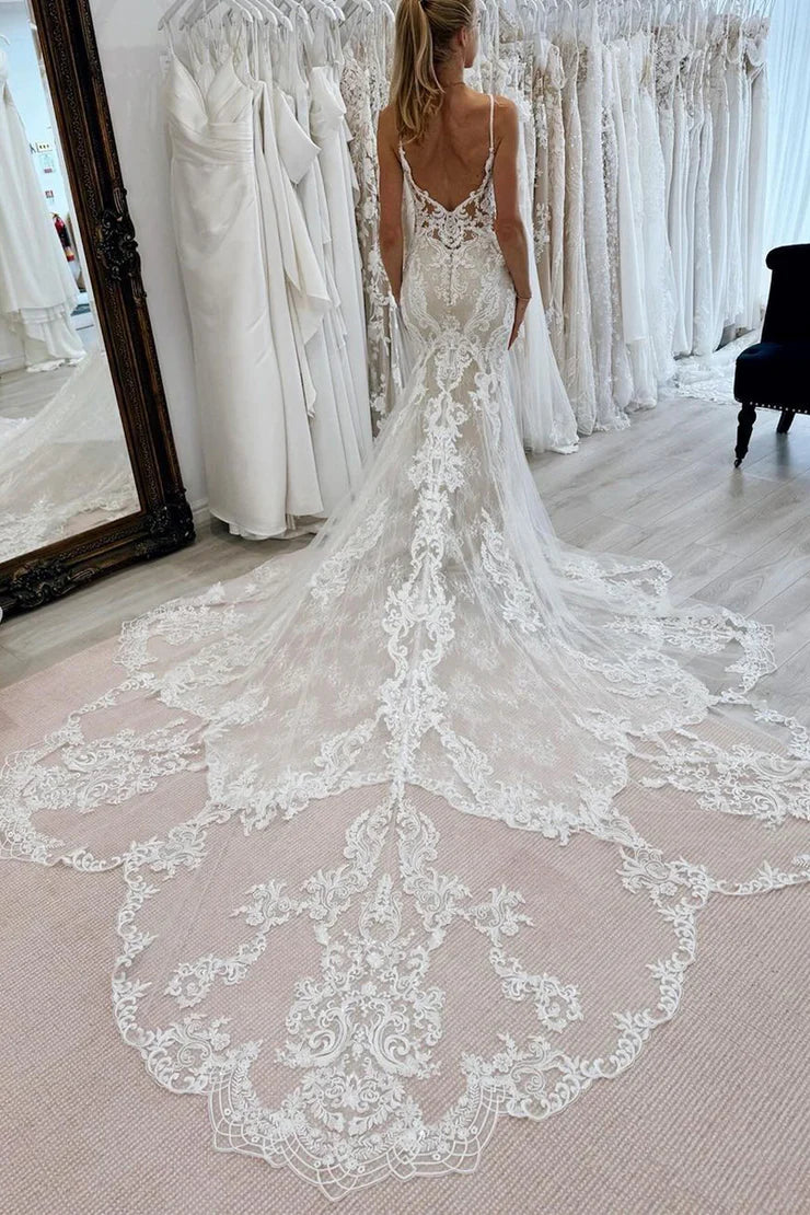 Mermaid V Neck Spaghetti Strap Lace Backless Wrap The Buttocks Wedding Dress with Appliques