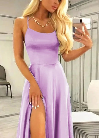 Lilac Square Neck Halter Lace-Up Back Backless A Line Satin Prom Dress