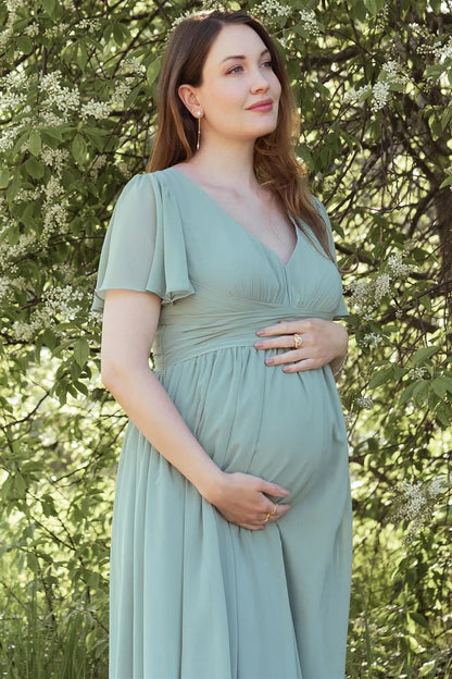 V-Neck Maternity Bridesmaid Dress with Flared Sleeves