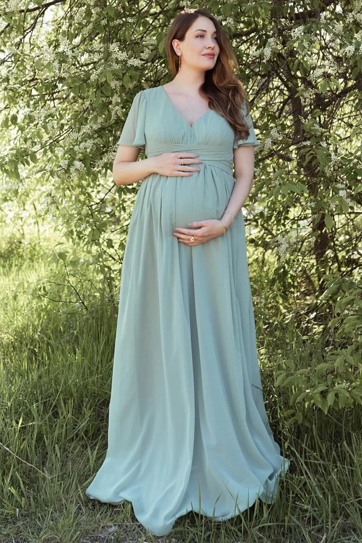 V-Neck Maternity Bridesmaid Dress with Flared Sleeves