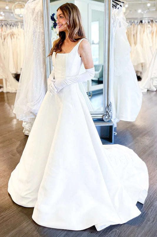 White Satin Square Neck A-Line Backless Mopping The Floor Wedding Dress with Bows ﻿