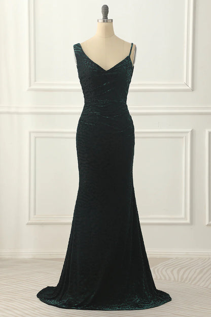 Dark Green V-Neck Spaghetti Strap Backless Velvet Mermaid Prom Dress ﻿