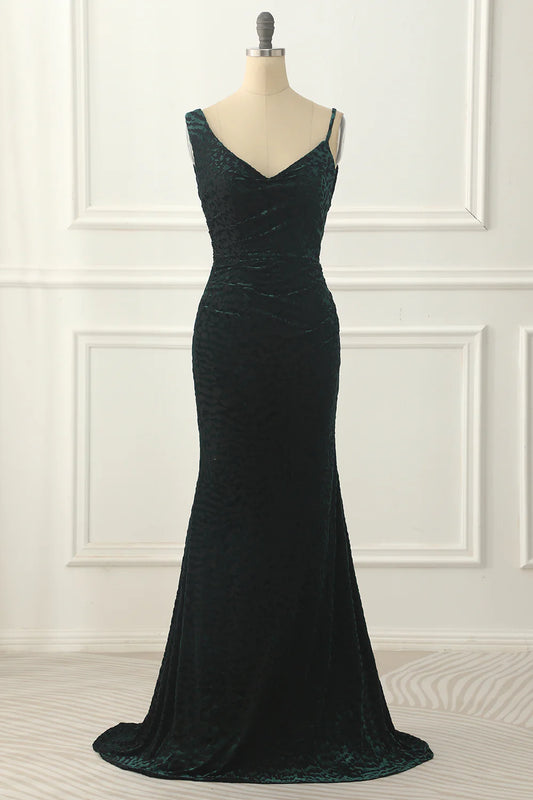 Dark Green V-Neck Spaghetti Strap Backless Velvet Mermaid Prom Dress ﻿