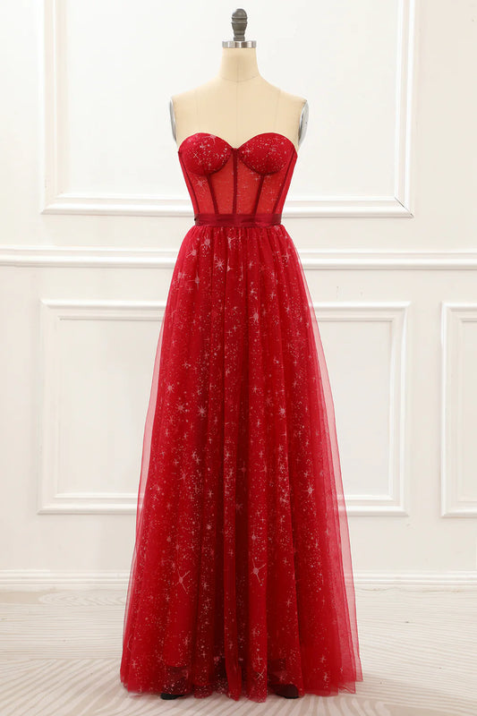 A-Line Off-the-Shoulder Strapless Red Tulle Corset Prom Dress