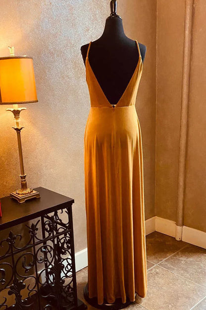 Burnt Orange Velvet V-Neck Spaghetti Backless Long Bridesmaid Dress