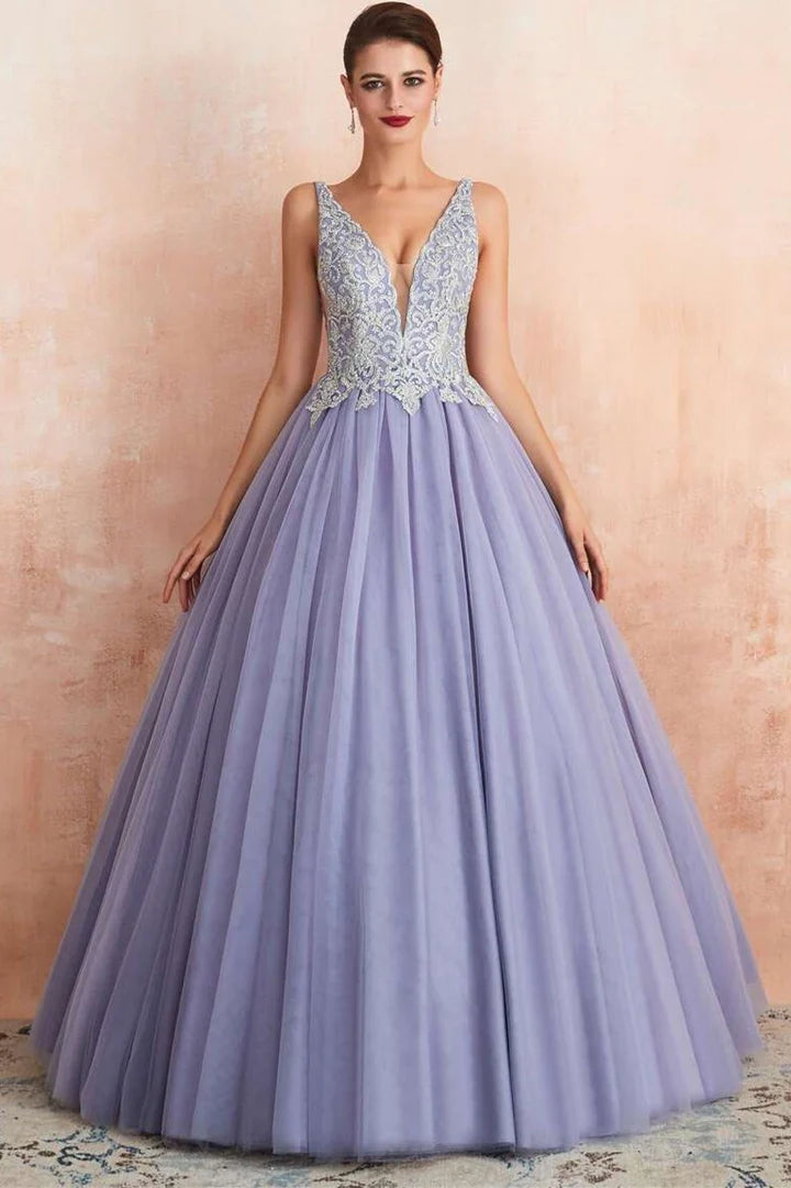 Tulle Silver Rhinestone Appliques Ball Gown Dress