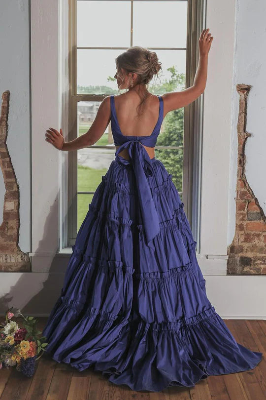 Two Piece V Neck Dark Blue Backless Lace-Up Back Long Prom Dress