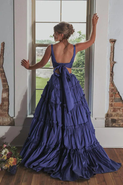 Two Piece V Neck Dark Blue Backless Lace-Up Back Long Prom Dress