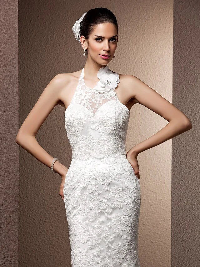 Wedding Dresses Halter Neck Lace Regular Straps Open Back with Beading Flower Button