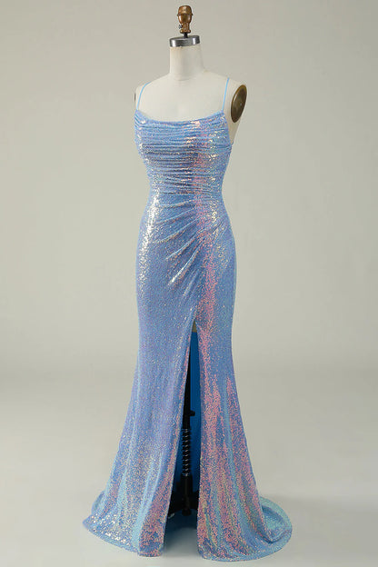 Blue Square Neck Sequined Spaghetti Straps Pleats Mermaid Prom Dress With Split Fork