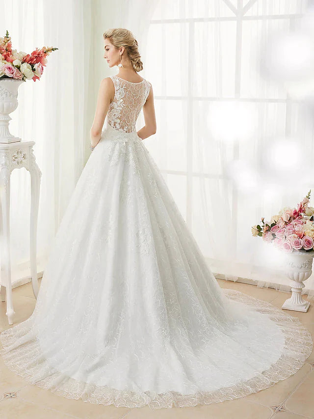 Ball Gown Wedding Dresses Bateau Neck Court Train Beaded Lace Regular Straps See-Through Beautiful Back with Beading Appliques