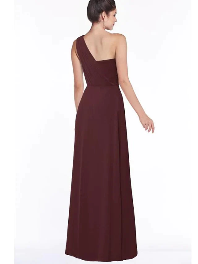 A-Line One Shoulder Floor Length Chiffon Bridesmaid Dress with Ruching