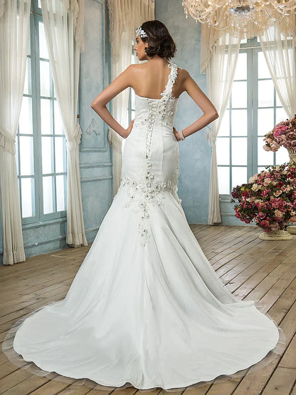 Wedding Dresses One Shoulder Court Train Tulle Sleeveless with Beading Appliques Flower