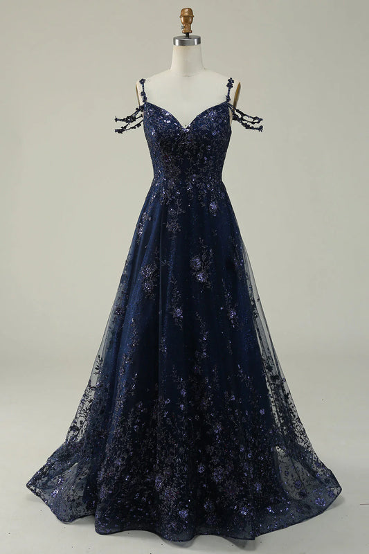 Navy A Line V-Neck Cold Shoulder Applique Sequin Tulle Long Prom Dress