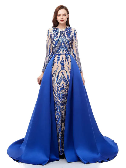 Ball Gown Luxurious Sparkle Prom Formal Evening Dress Jewel Neck Long Sleeve Detachable Sequined with Overskirt Pattern Print Appliques