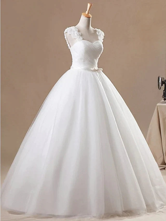 Ball Gown Wedding Dresses Jewel Neck Floor Length Chiffon Tulle Sleeveless Formal with Ruched Appliques