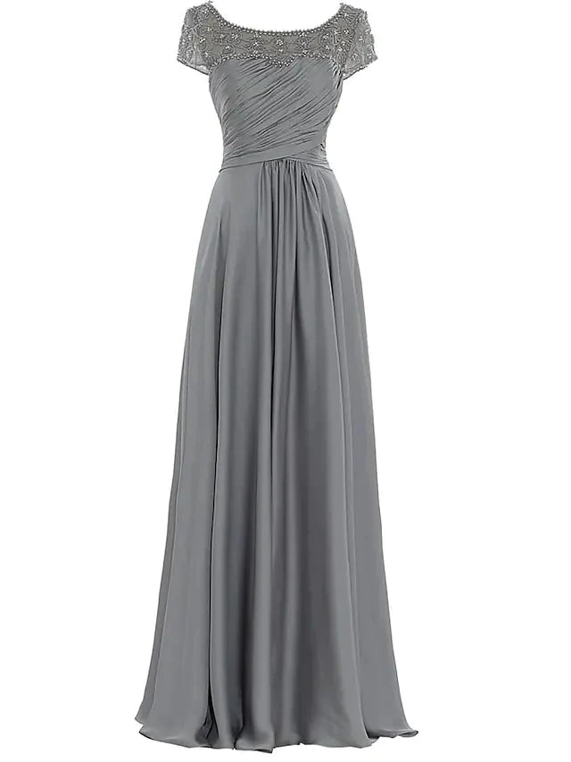 Mother of the Bride Dress Elegant Jewel Neck Floor Length Chiffon Sleeveless with Pleats Beading