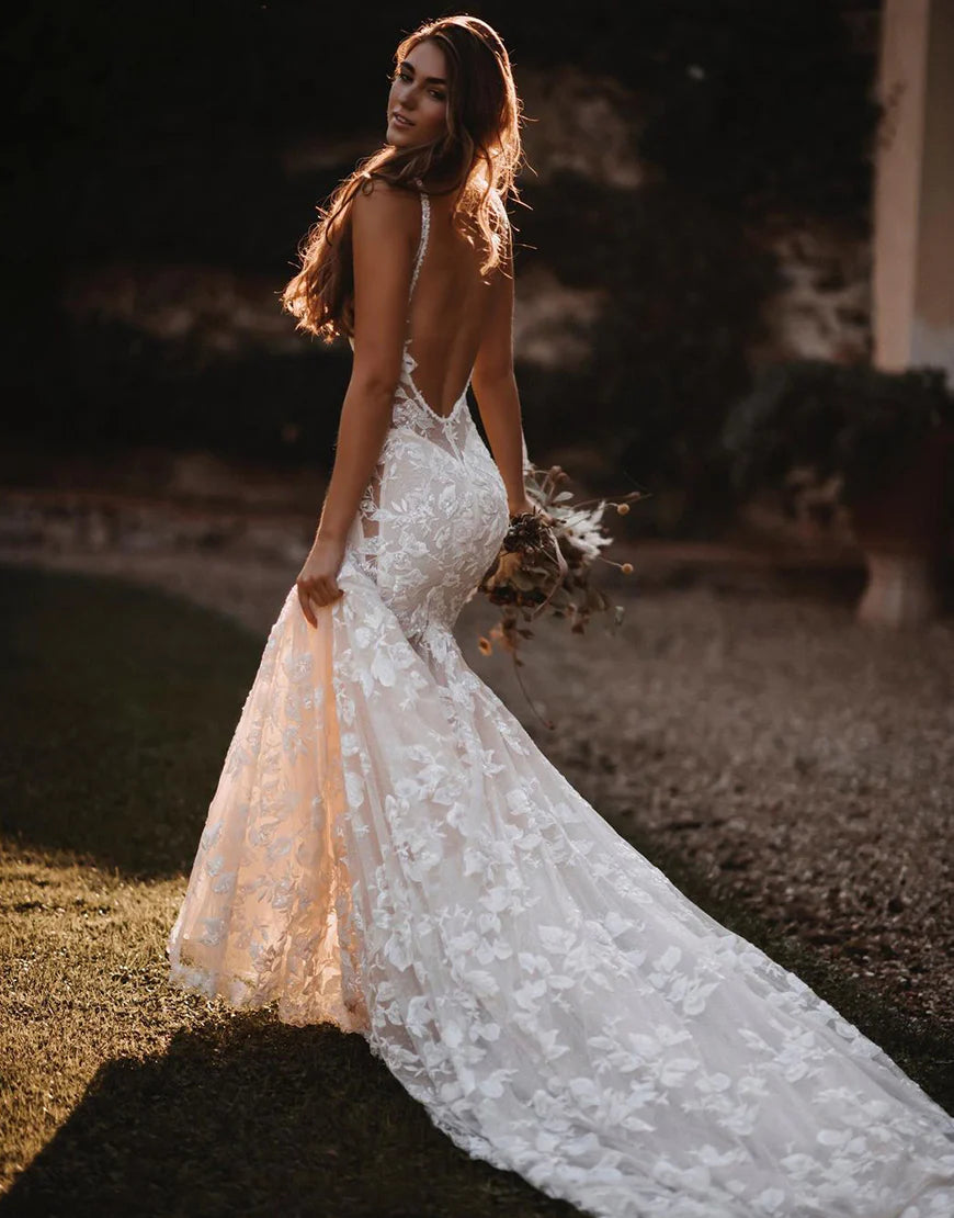 Mermaid Backless Boho Wedding Dress with V-neck