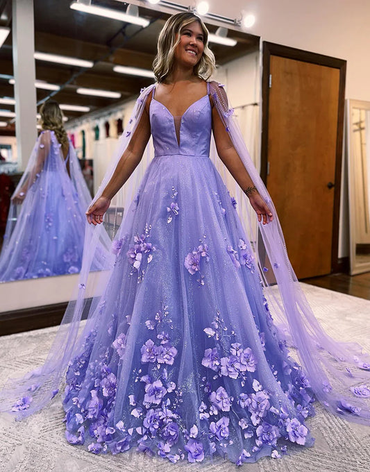 Lavender Prom Dress with 3D Flowers