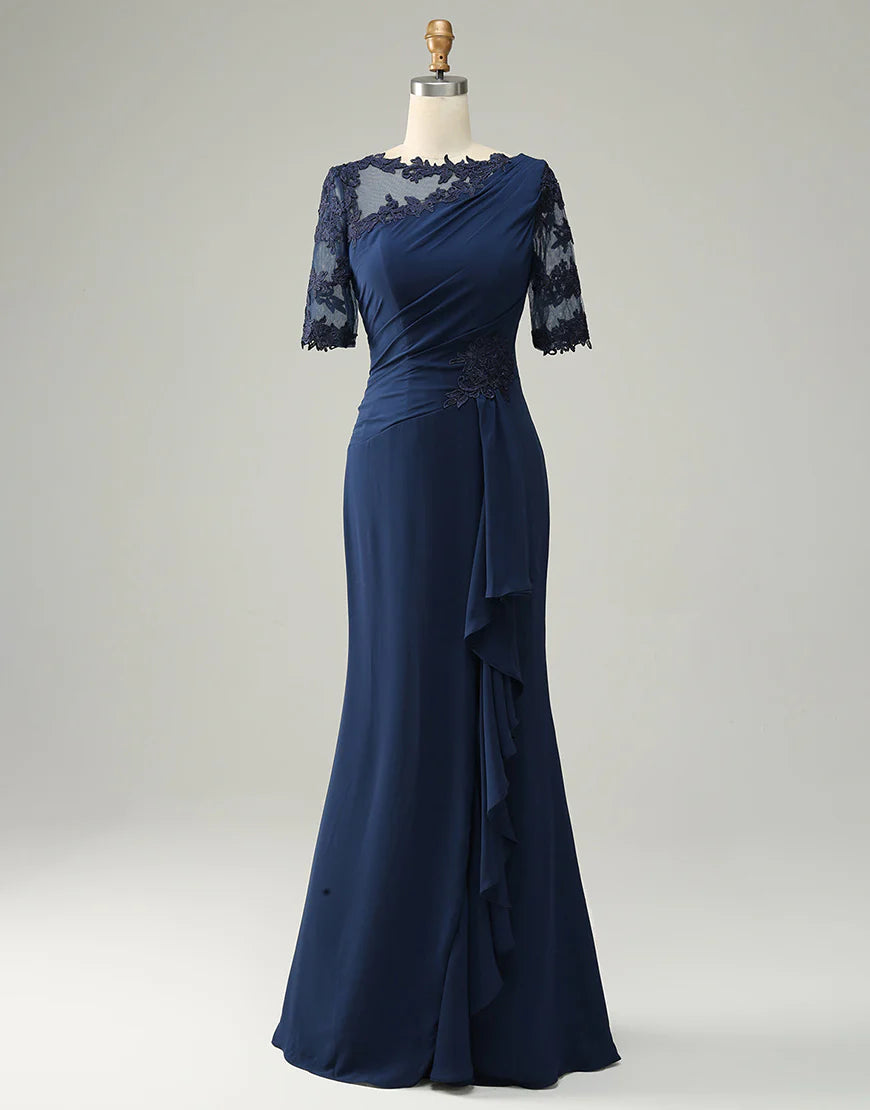 Navy Sheath Mother of Bride Dress with Appliques