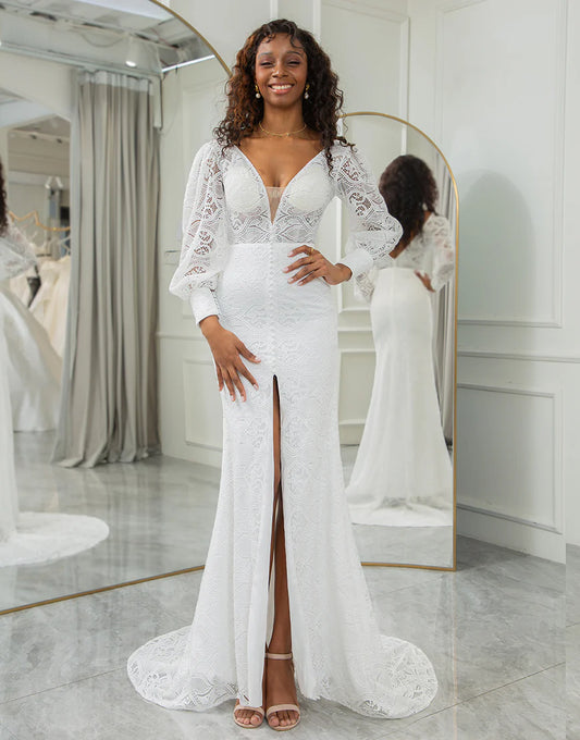 Mermaid Lace V-Neck Long Sleeve Wedding Dress With Slit