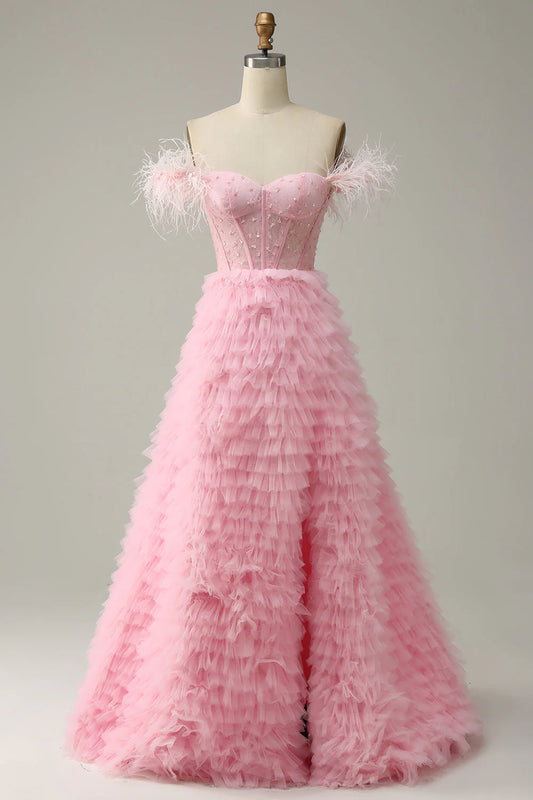 Pink Princess A Line Off the Shoulder Split Fork Mopping The Floor Long Prom Dress with Feather