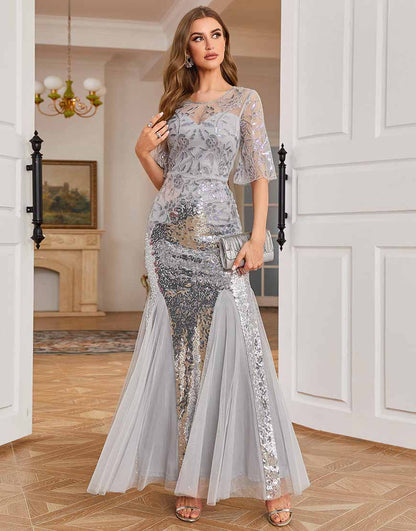 Grey Sequined Mermaid Wedding Guest Dress