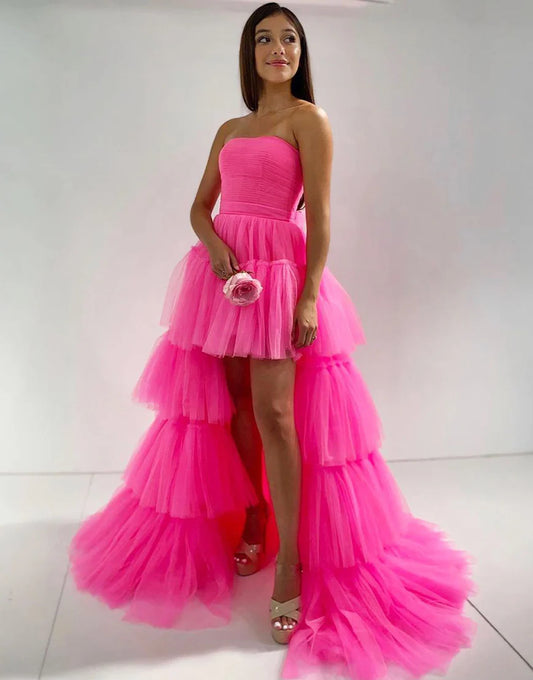 Tiered Long High Low Prom Dress