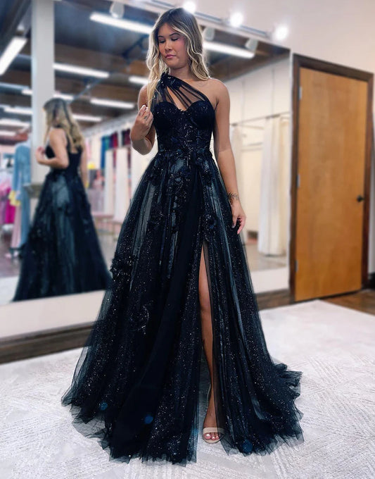 A-line Tulle Black Prom Dress with 3D Appliques