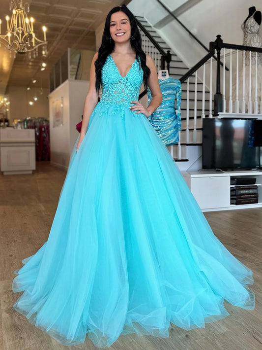 A Line V Neck Long Prom Dress With Appliques