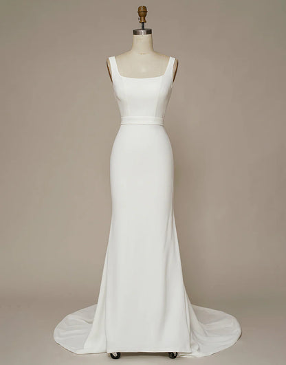 Square Neck Backless White Wedding Dress