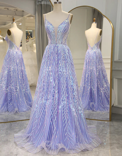 A-Line Spaghetti Straps Open Back Long Prom Dress