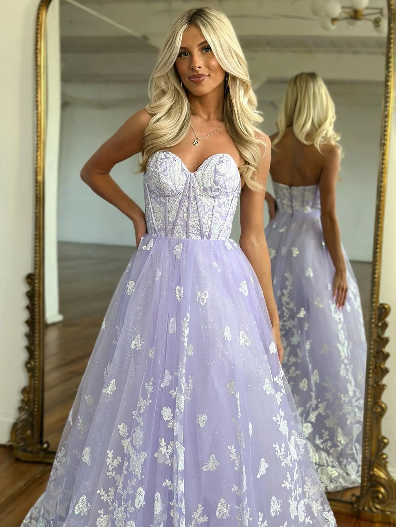 A Line Sweetheart Corset Tulle Long Prom Dress